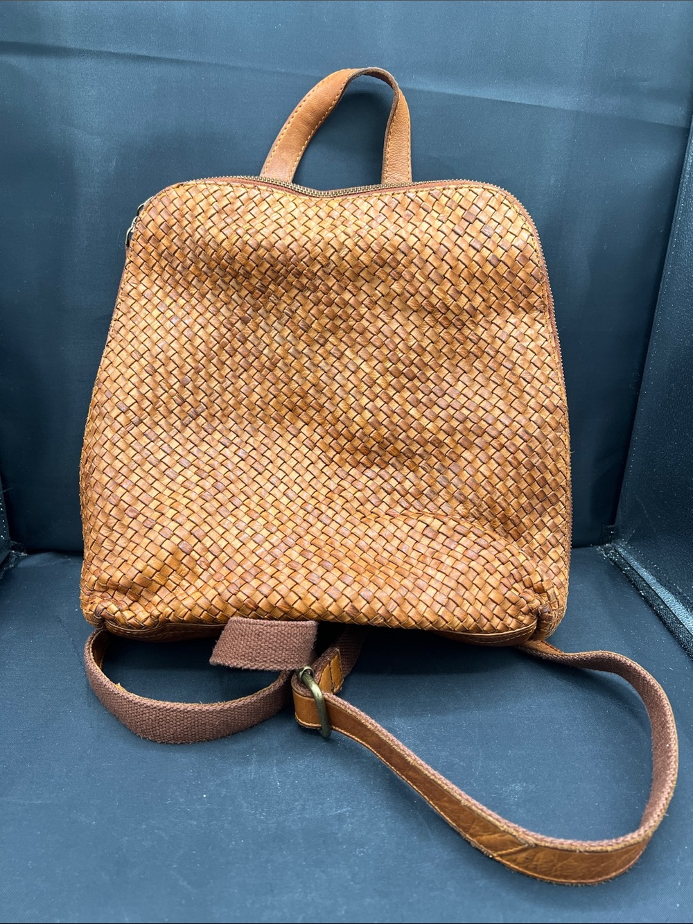 Woven Leather Backpack in Tan - Women's Everyday Backpack